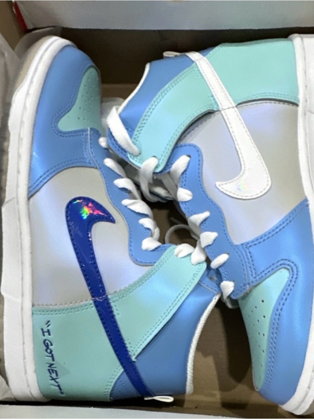 Nike High-Top Dunks with Blue, Grey and Mint colors. “I got Next”